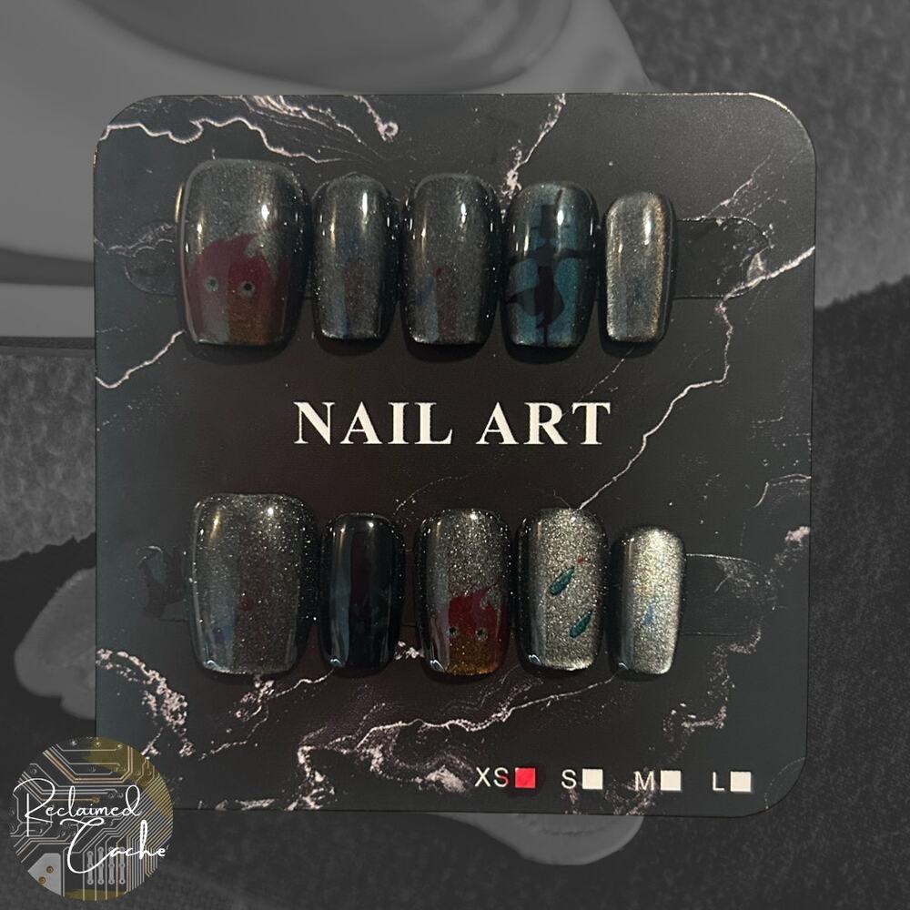 Shimmery Black/Dark Gray Cartoon Short Square Nails - Size Extra Small (XS)
